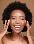 Beauty, skincare and portrait of a black woman in studio with an organic, cosmetic and healthy face routine. Health, wellness and African model ding natural facial skin treatment by brown background.