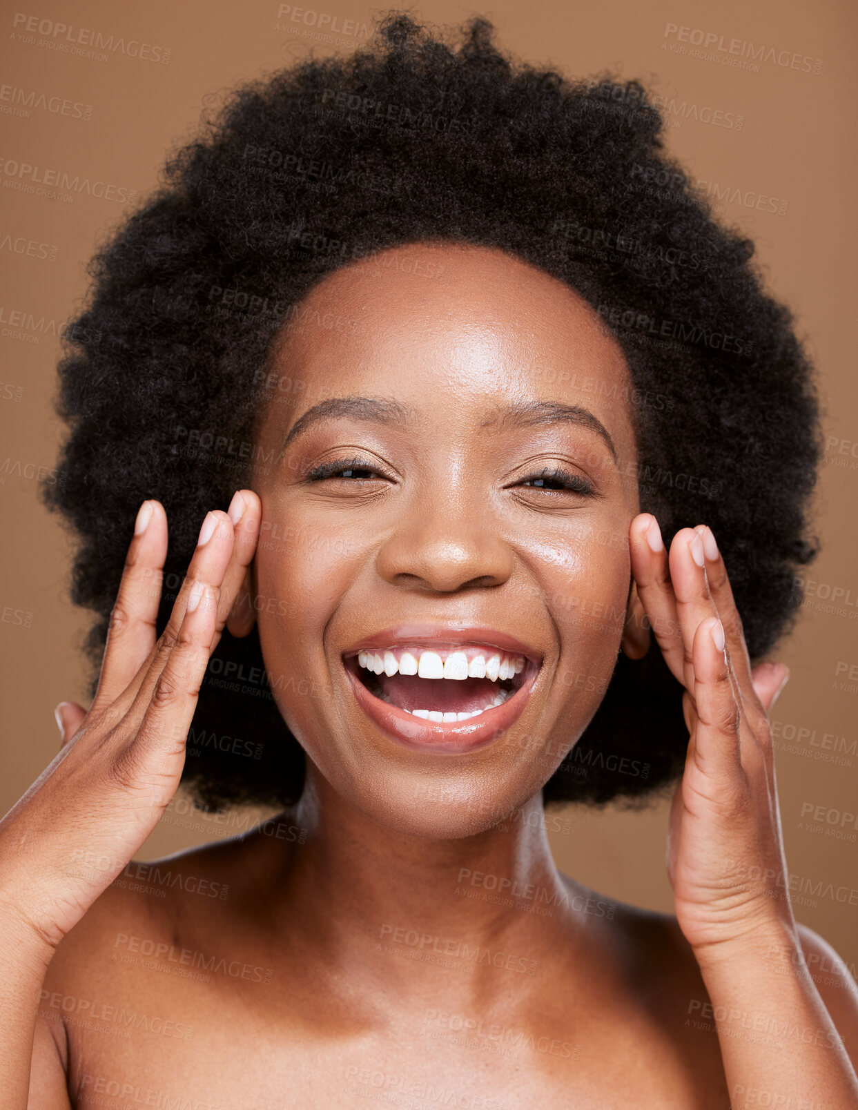 Buy stock photo Beauty, skincare and portrait of a black woman in studio with an organic, cosmetic and healthy face routine. Health, wellness and African model ding natural facial skin treatment by brown background.