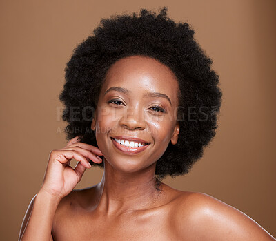 Buy stock photo Beauty, skincare and hair with black woman and afro for self love, cosmetics and luxury. Smile, makeup and natural with portrait of girl model for glow, dermatology and wellness in studio background 