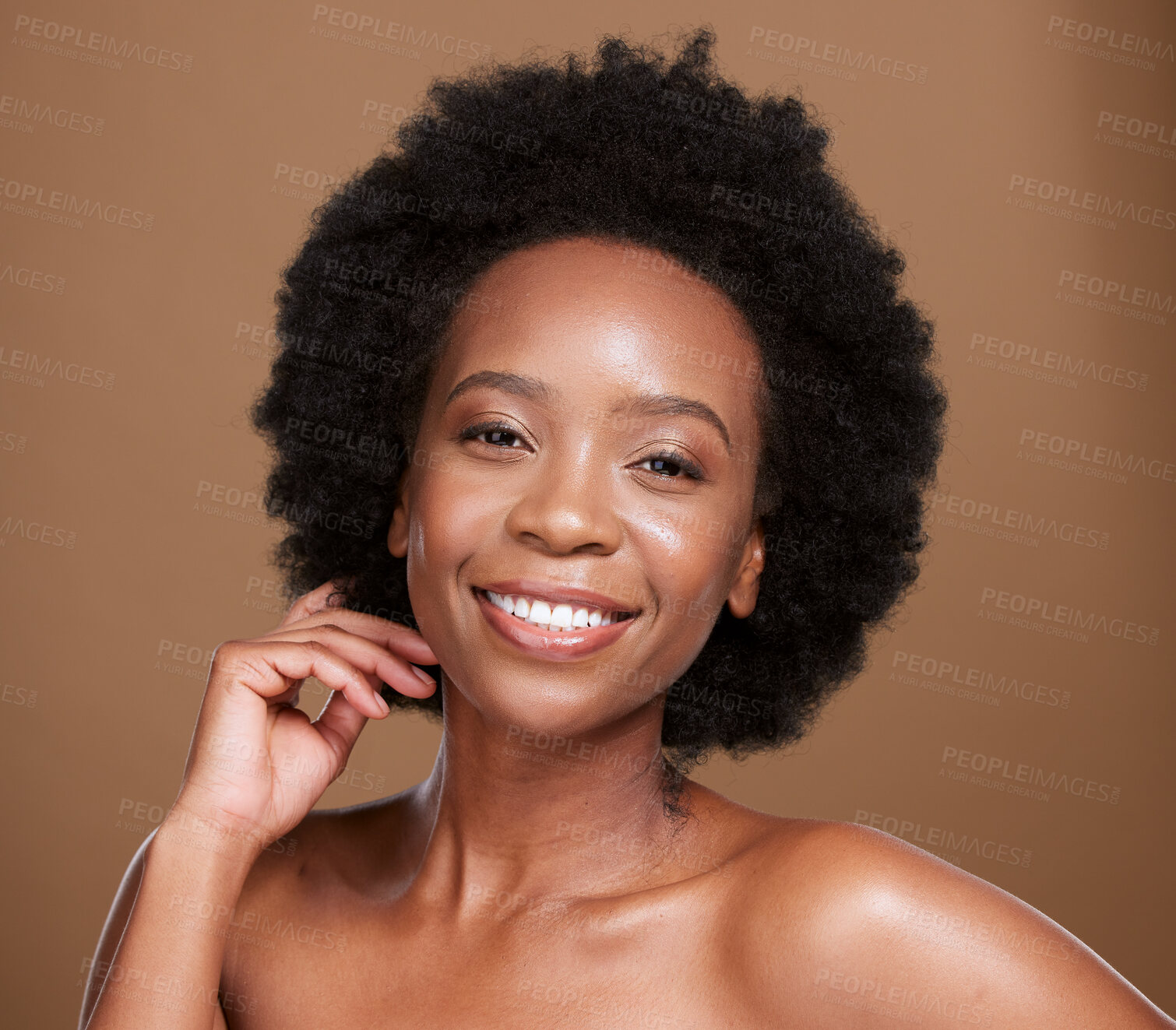 Buy stock photo Beauty, skincare and hair with black woman and afro for self love, cosmetics and luxury. Smile, makeup and natural with portrait of girl model for glow, dermatology and wellness in studio background 