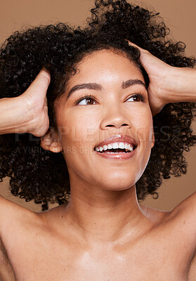 Buy stock photo Black woman, beauty and face skincare, wellness and hair care with makeup, glow or cosmetics on brown studio background. Happy female model, facials cosmetic and happy smile for healthy or clean skin