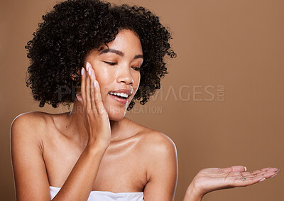 Buy stock photo Beauty, skincare and black woman with cosmetic, natural and wellness model with hand mockup. Skin glow health, hair care and healthy dermatology of a woman model with hand and mock up for product