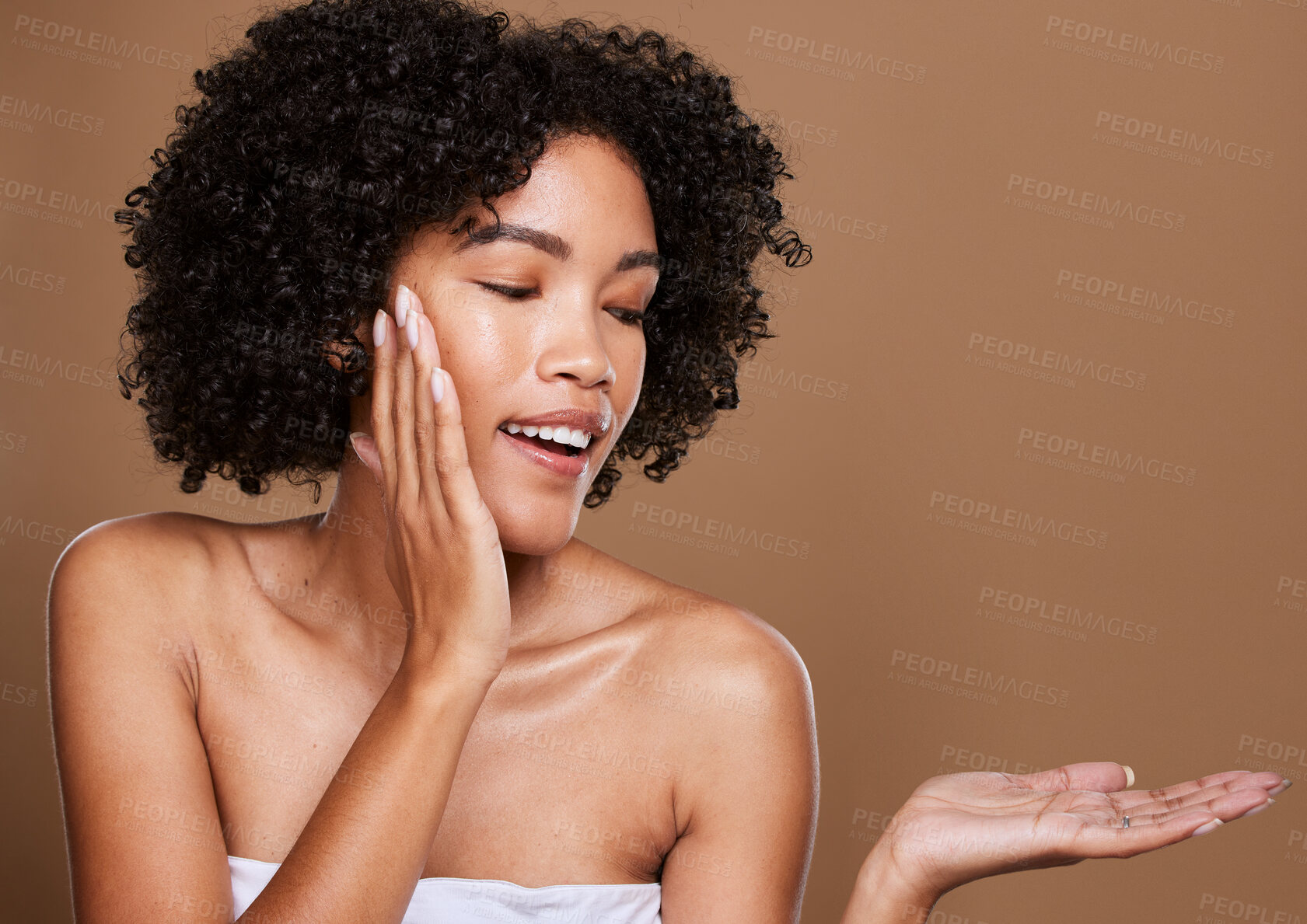 Buy stock photo Beauty, skincare and black woman with cosmetic, natural and wellness model with hand mockup. Skin glow health, hair care and healthy dermatology of a woman model with hand and mock up for product