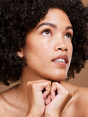 Buy stock photo Face, beauty and black woman in studio for skincare, wellness and pamper treatment against a brown background. Facial, girl and model relax with luxury hygiene, grooming and cosmetic, body and care