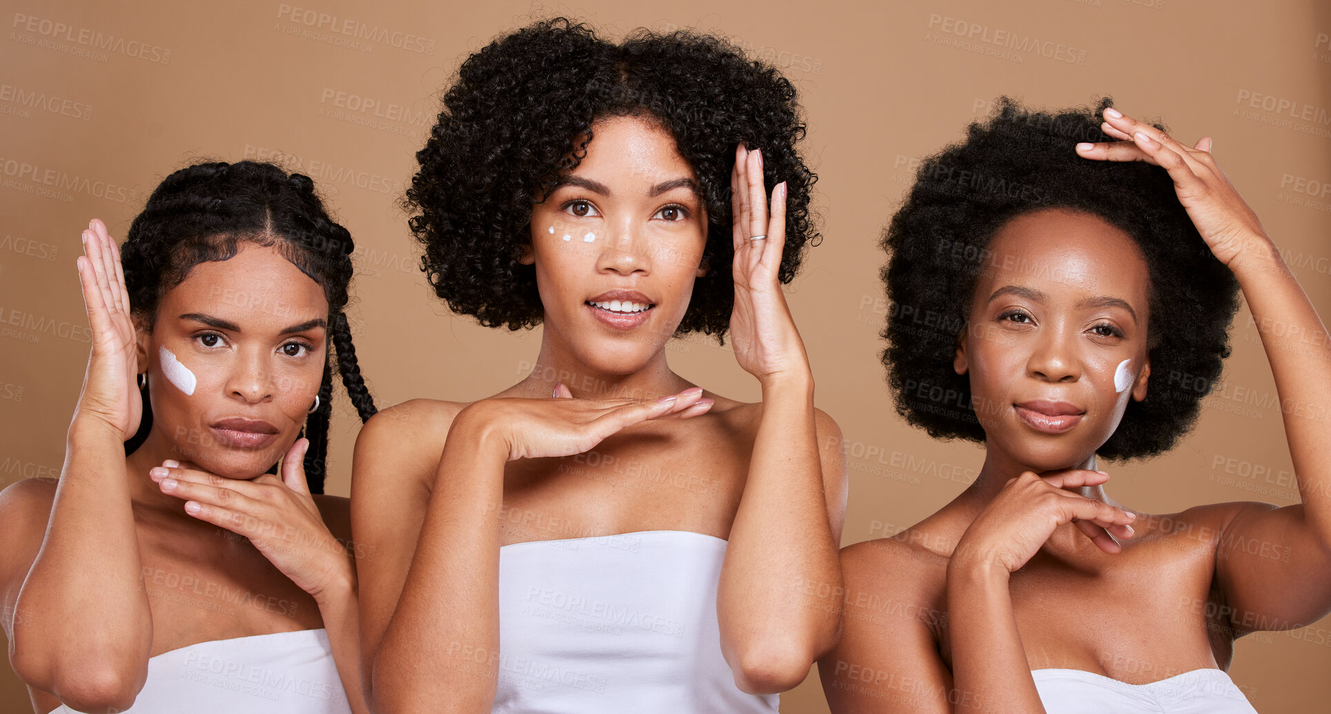 Buy stock photo Black women, skincare cream and beauty group frame face, sunscreen makeup product and luxury facial treatment on studio background. Portrait of female black people, body lotion and natural cosmetics 