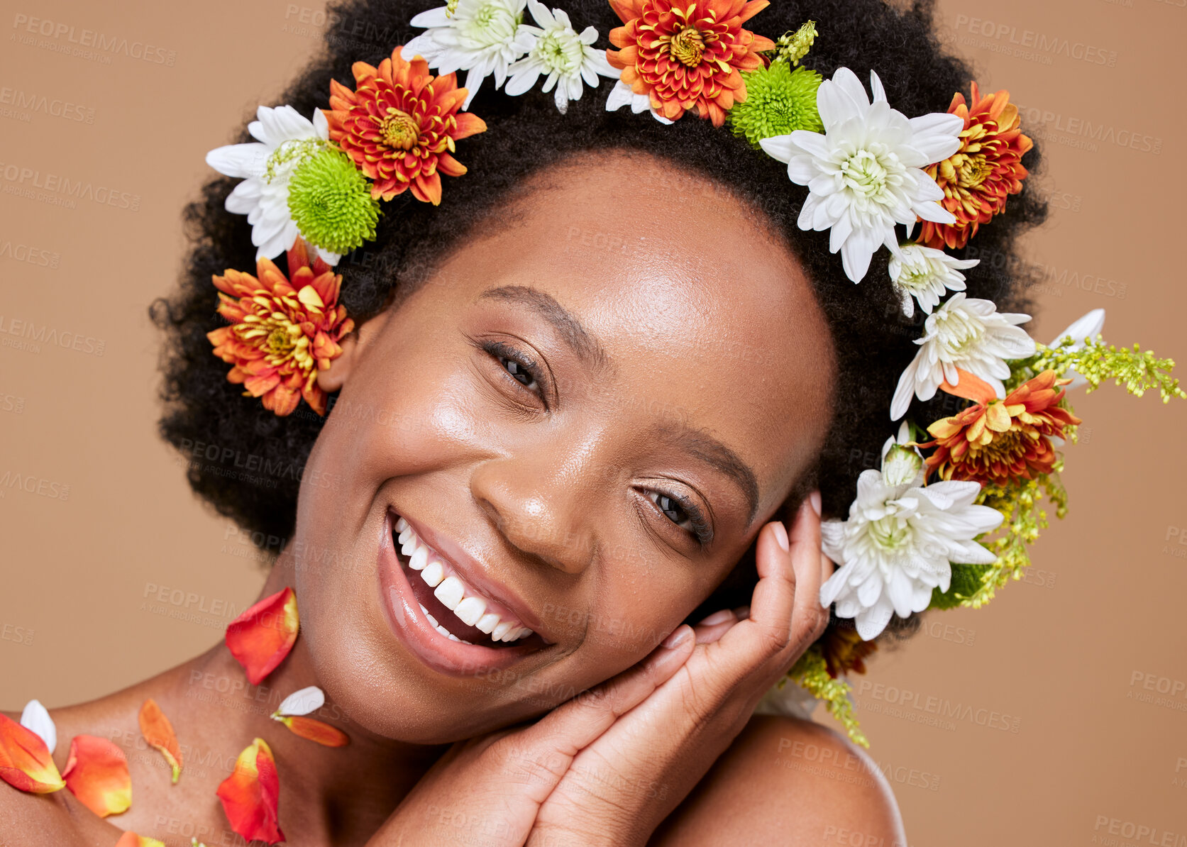 Buy stock photo Beauty, art and black woman with flower crown in hair and smile on face, portrait with studio background. Nature, happy woman with flowers, natural skincare or hair care with sustainable ingredients.