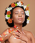 Flower, beauty and woman in studio with a crown for skincare, dermatology and nature product on brown background. Black woman, plant and flowers facial by wellness model, cosmetic and petal aesthetic