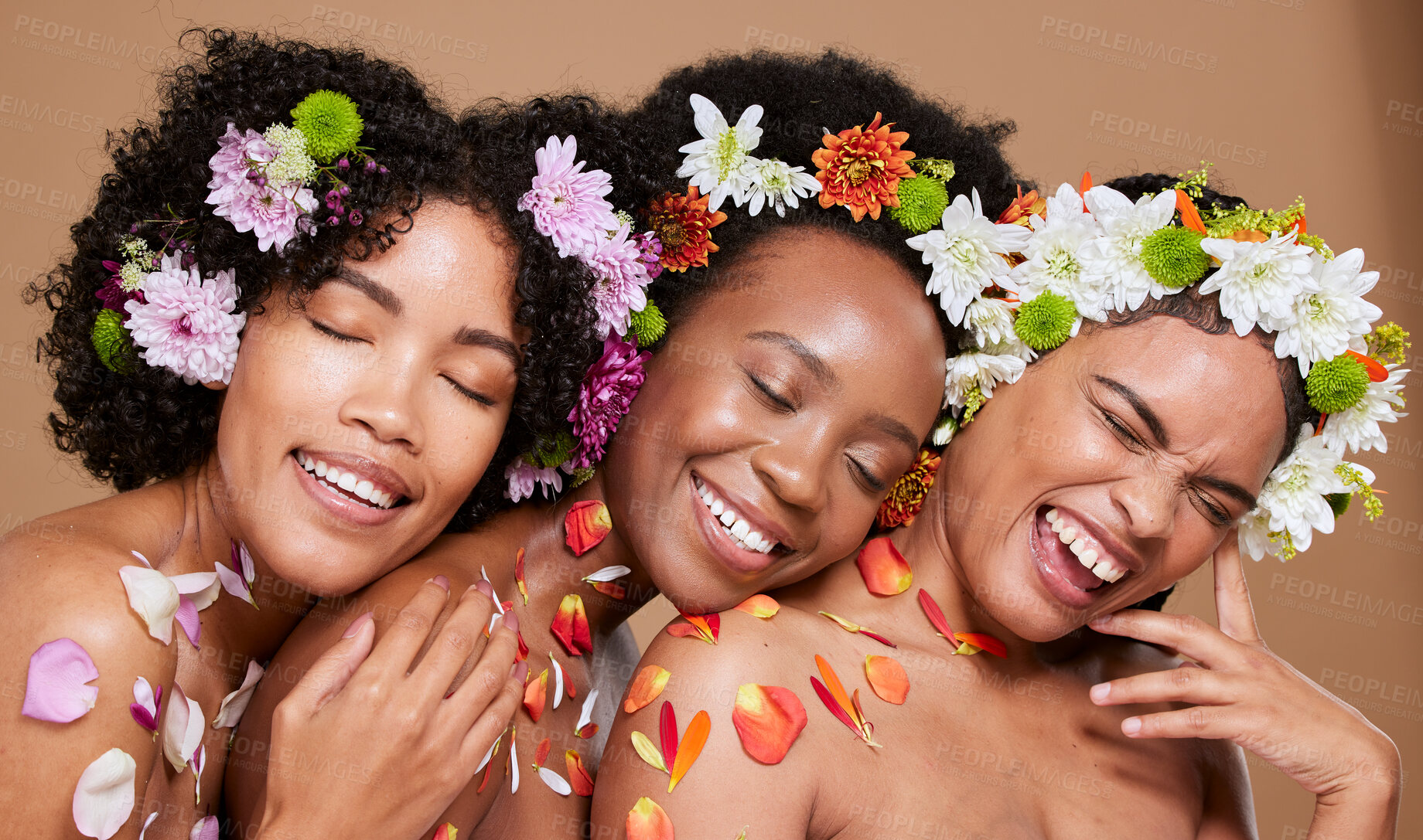 Buy stock photo Flowers, skincare and women in studio for beauty, wellness and nature product self care on brown background mockup. Friends, flower and crown by black women happy with floral treatment and aesthetic