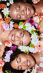 Black women, flowers and skincare wellness of diversity, cosmetic and facial health with plants. Black woman rest with cosmetics, body care and healthy flower together with a smile about dermatology