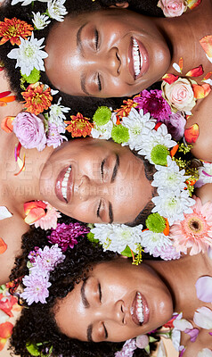 Buy stock photo Black women, flowers and skincare wellness of diversity, cosmetic and facial health with plants. Black woman top view with cosmetics, body care and healthy flower with a smile about dermatology