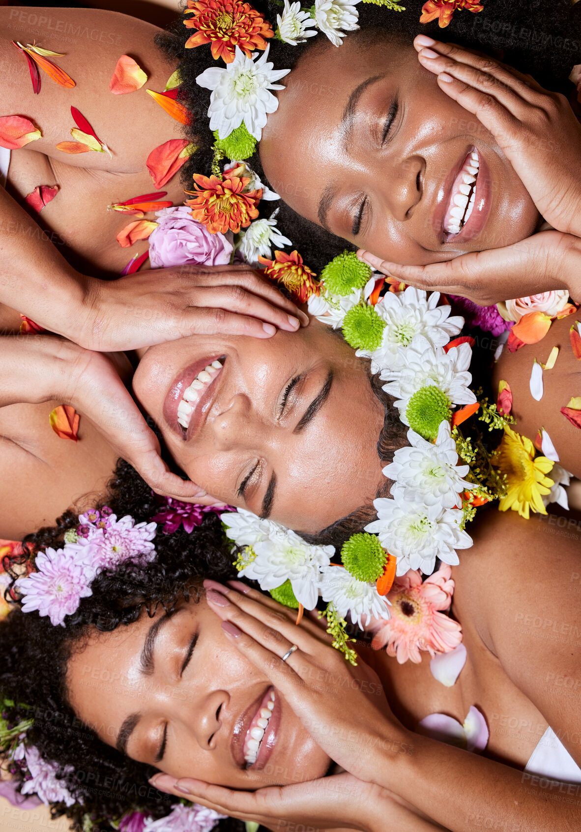 Buy stock photo Black woman, flowers and face skincare beauty for cosmetics makeup or natural skin wellness. African friends, floral crown and nature product for luxury plant aesthetic or relax, zen and facial care