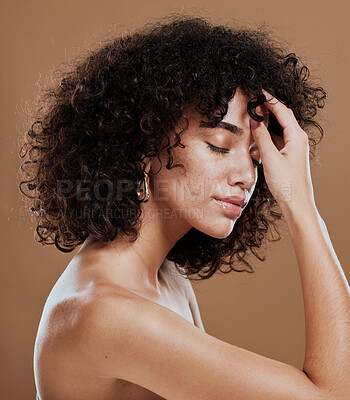 Buy stock photo Skincare, self care and woman with beauty from hair care, makeup and cosmetics against a brown studio background. Marketing, wellness and model advertising natural dermatology and cosmetic glow