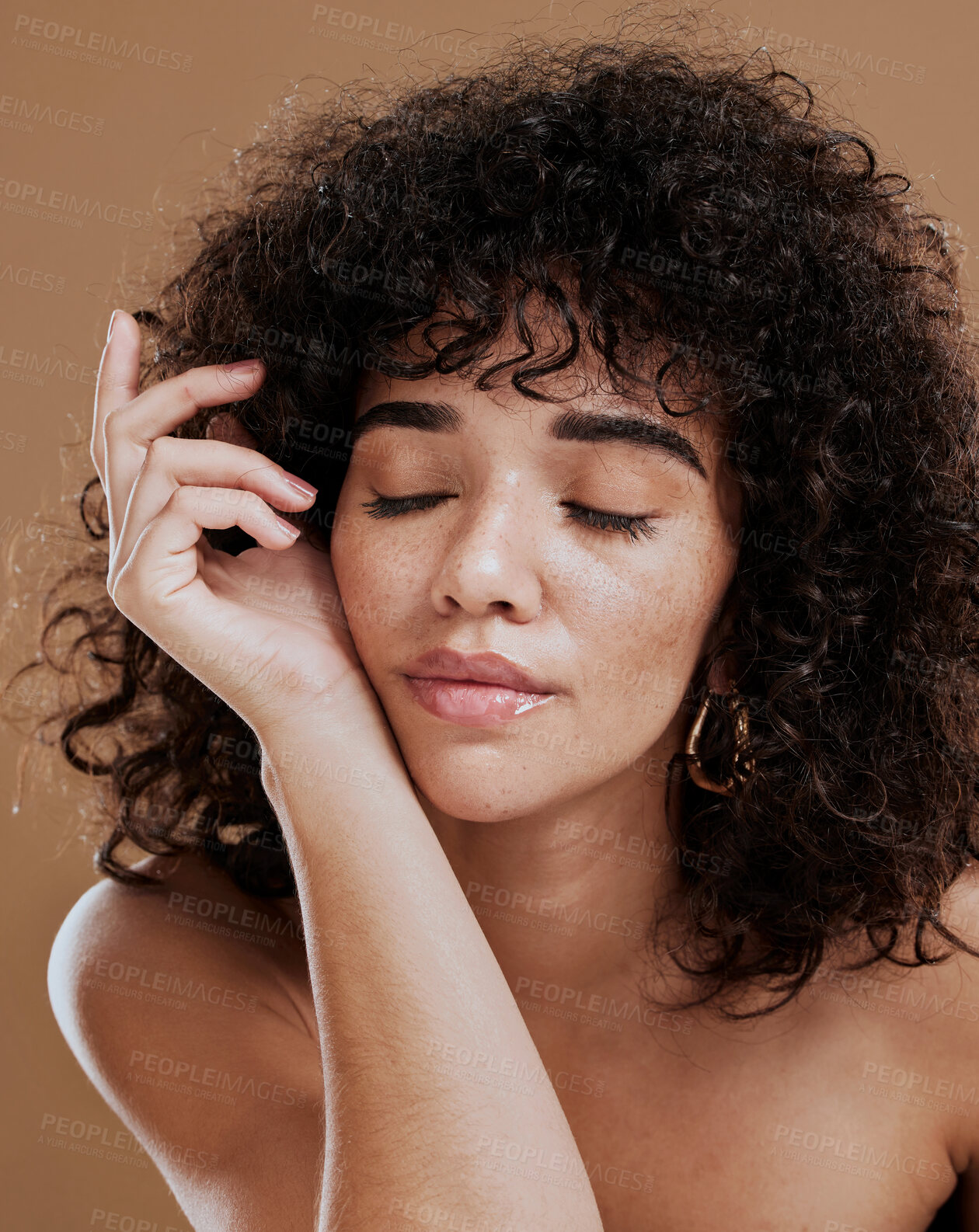 Buy stock photo Beauty, skincare and wellness by woman in studio for relax, zen and glamour makeup, pamper and treatment with mockup. Black woman, hair care and wellness girl model calm and satisfied with cosmetics