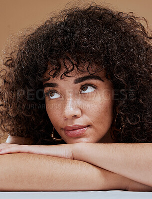 Buy stock photo Woman, face and afro hair care for beauty or natural cosmetics wellness treatment. Black woman model, luxury facial skincare makeup glow and self care dermatology or cosmetology for curly hair