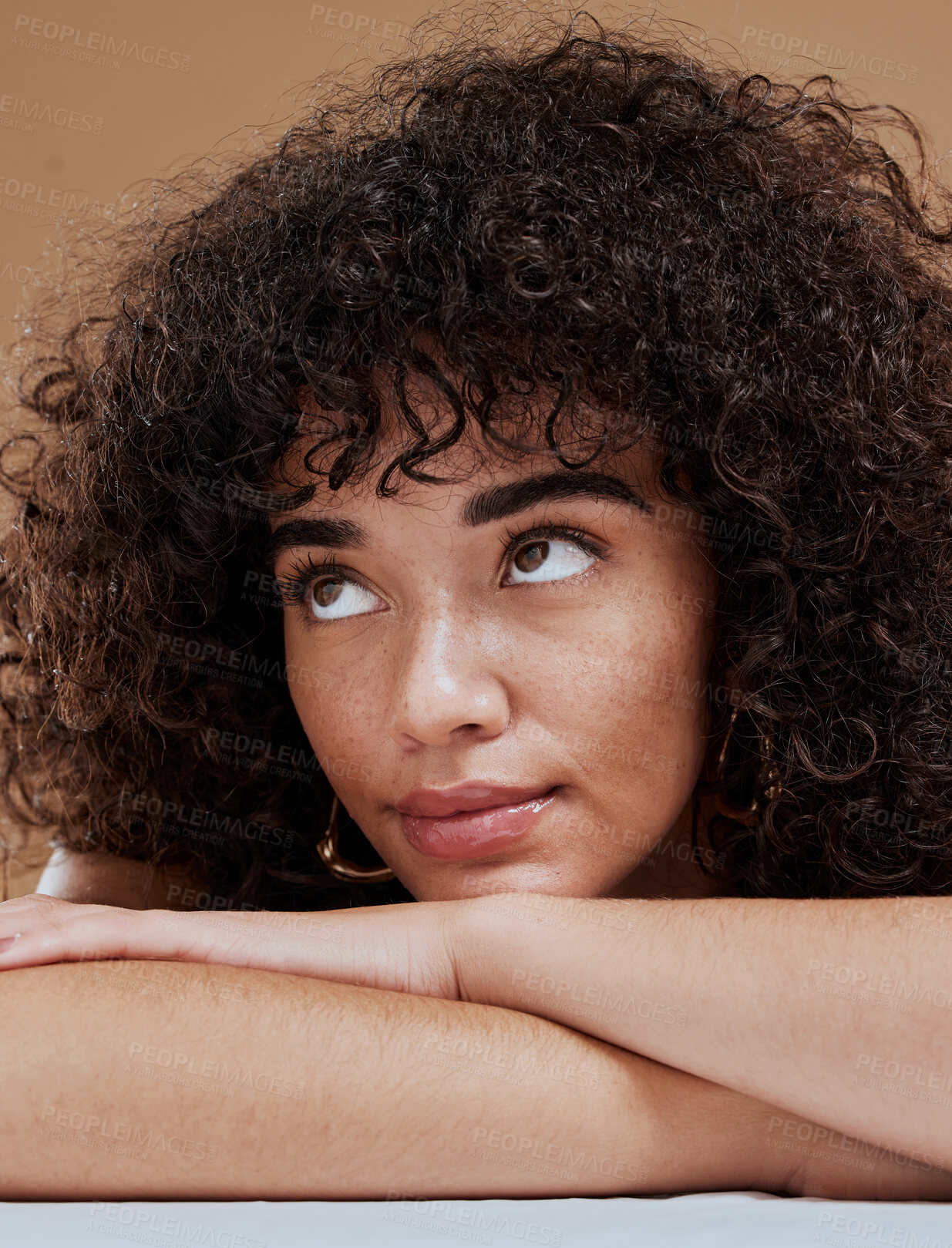 Buy stock photo Woman, face and afro hair care for beauty or natural cosmetics wellness treatment. Black woman model, luxury facial skincare makeup glow and self care dermatology or cosmetology for curly hair