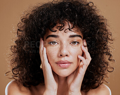 Buy stock photo Woman, hands on face and afro hair care for beauty wellness in studio. Skincare dermatology wellness, African girl model portrait and cosmetics makeup headshot for healthy natural skin or facial care