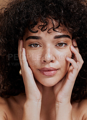 Buy stock photo Beauty, portrait and natural face of black woman with healthy freckle skin texture touch. Aesthetic, facial and skincare cosmetic model girl touching cheeks for self love and wellness.

