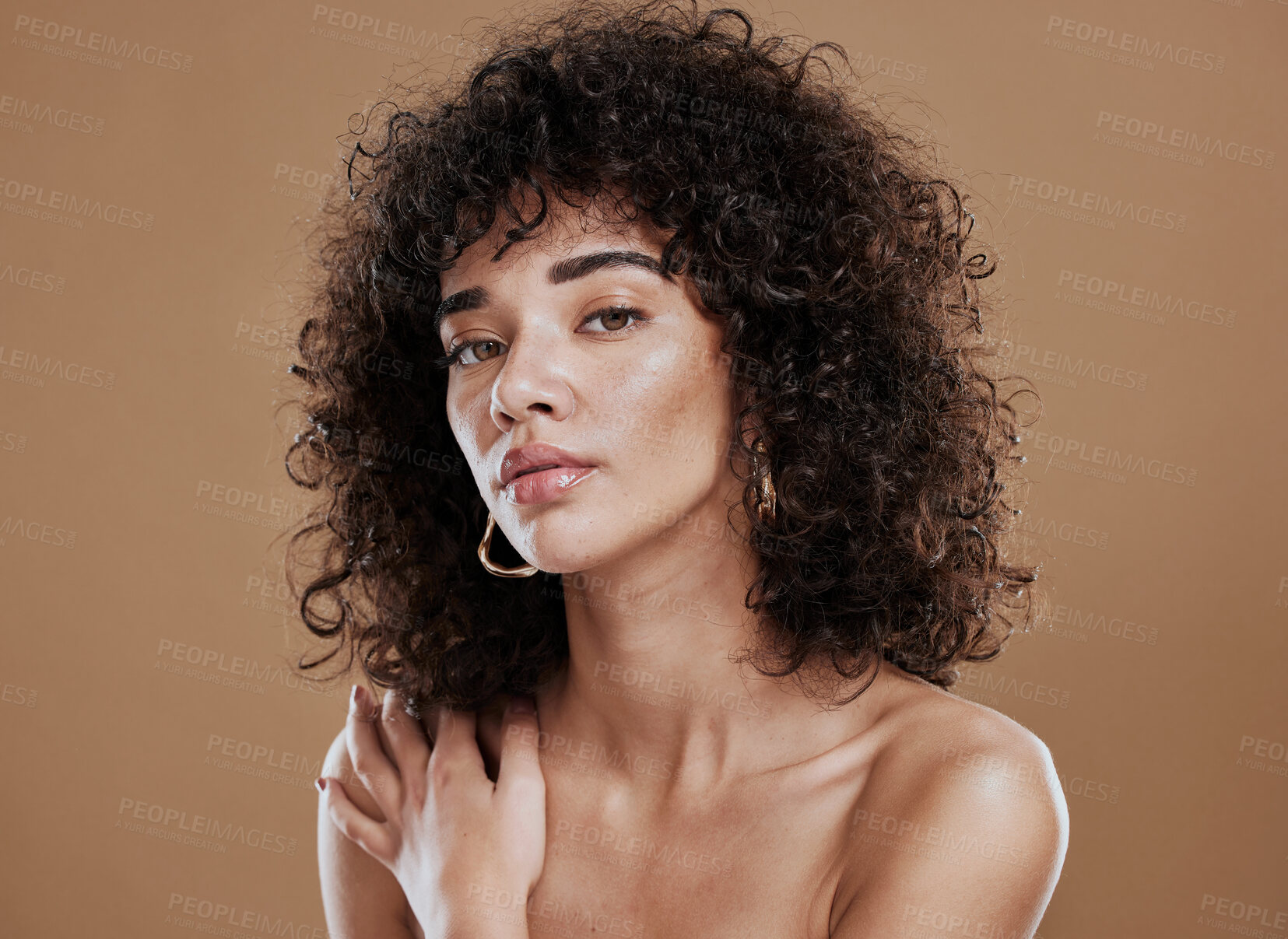 Buy stock photo Natural hair, portrait and black woman in studio for cosmetics, makeup and beauty salon mockup promotion, marketing and advertising. Young model face headshot with healthy glow, shine and hair care