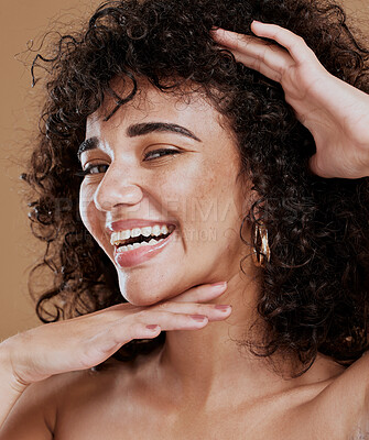 Buy stock photo Portrait, woman and face makeup, happy and skincare with beauty, smile and happy in brown studio background. Hair care, afro or curls with healthy skin, glow and happiness model with facial cosmetic