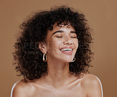 Buy stock photo Beauty, wellness and face of woman with skincare glow from facial routine, natural makeup or self care treatment. Salon curly hair care, cosmetics and aesthetic model satisfied with luxury healthcare