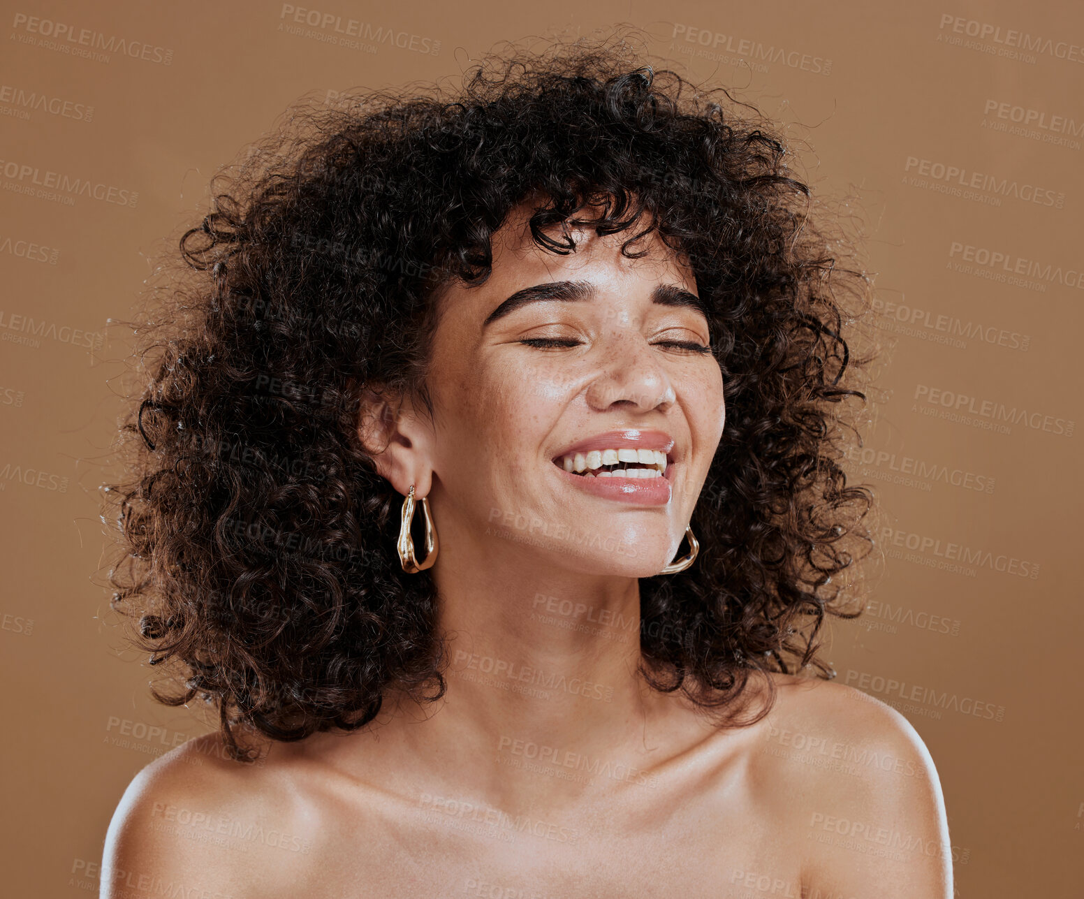 Buy stock photo Beauty, wellness and face of woman with skincare glow from facial routine, natural makeup or self care treatment. Salon curly hair care, cosmetics and aesthetic model satisfied with luxury healthcare