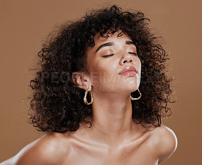 Buy stock photo Beauty, skincare and portrait of elegant black woman model with cosmetics and afro hair style. Makeup, cosmetic glamour and a luxury skin care with beautiful face of African girl on studio background