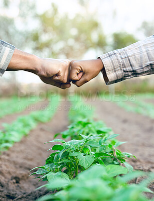 Buy stock photo Fist bump, support and employees farming in partnership for growth, agriculture and sustainability on a farm. Meeting, deal and farmer people with goal for sustainable ecology and eco friendly nature