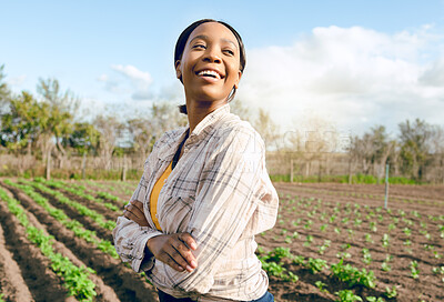 Buy stock photo Woman, farm and thinking for agriculture farming harvest in a field in summer for eco friendly development. Gardener, gardening and growth with an african american female famer working on farmland