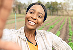 Agriculture, farm and selfie of happy black woman smiling and taking picture outdoors. Agro, sustainability and self portrait of female farmer for social media or internet post after checking plants.