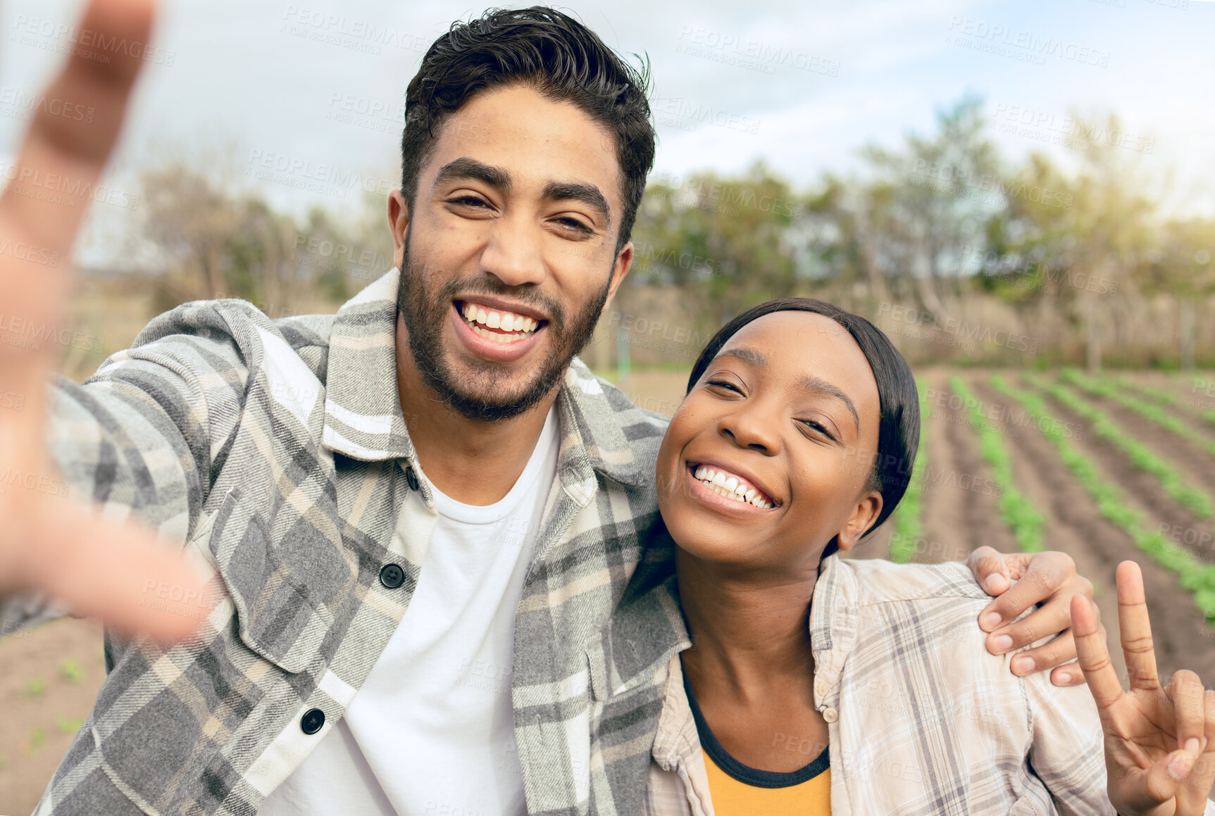 Buy stock photo Selfie, couple and agriculture, farmer and farm with harvest and land for sustainable farming and green environment. Crop, organic and man, black woman smile in portrait, farming and sustainability.