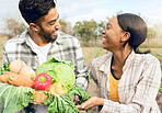 Farming, agriculture and farmers with vegetables in field happy from success in plant growth. Sustainable, teamwork and Indian man and black woman with fresh, organic and healthy produce from harvest