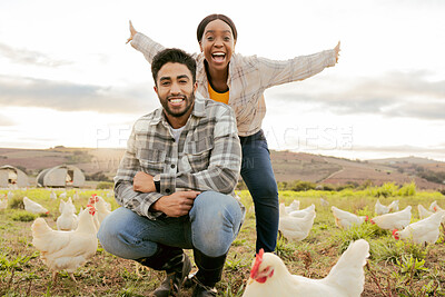 Buy stock photo Poultry, chicken and couple farming, freedom with livestock on agriculture land, field and nature portrait. Farmer, animal with man and woman on farm, chicken farm and sustainable in the countryside.