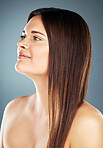 Salon Hair, side profile and face of woman with luxury hair care treatment, cosmetics hair growth or shampoo healthy hair shine, Spa wellness, beauty healthcare and model with clean self care routine