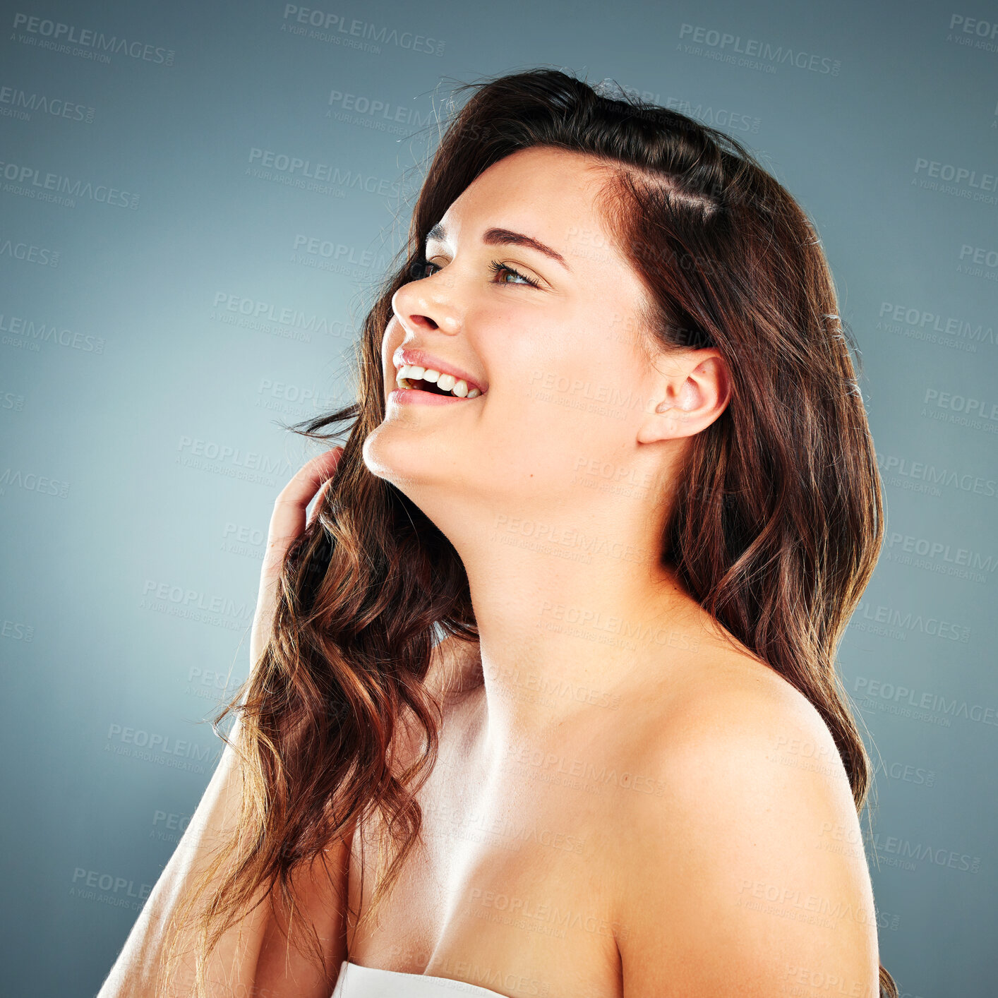 Buy stock photo Beauty, skincare and hair with woman and smile for facial, product and spa luxury. Self love, happy and hair care with face of girl model for cosmetics, makeup and salon in studio background
