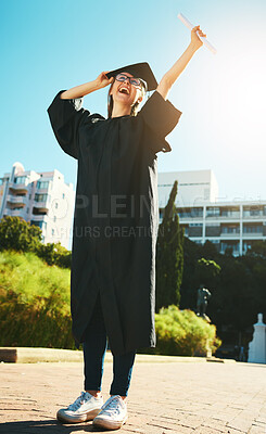 Buy stock photo Graduation, celebration and a woman student scream for education success and diploma or certificate. Girl with degree, learning scholarship and scroll looking happy and excited with motivation