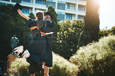 Buy stock photo University, education and students hug at graduation with degree, diploma or certificate. Support, success and happy friends hugging, graduate or celebrate academic achievement or complete college.