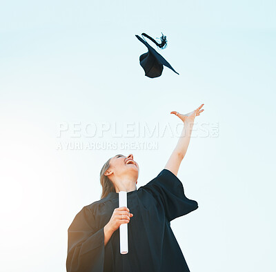 Buy stock photo Woman celebrate graduation hat in blue sky for success, achievement and goals of university certificate, college diploma and education motivation. Below of excited graduate and graduation cap in air 