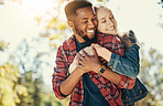 Love, nature and diversity couple hug on outdoor journey together, romantic park date and quality time fun. Sunshine flare, leaf and summer freedom peace for happy gen z woman and black man bonding