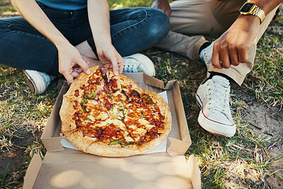 Buy stock photo Friends, park and pizza with people relaxing outside for bonding, fun and fast food enjoyment. Consumables, junk food and man and woman relaxing in a garden while eating carbs and takeaway food