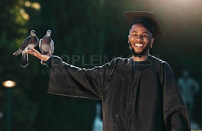 Buy stock photo Student portrait, graduate and pigeon with a smile, hat and cloak for graduation, celebration and achievement outdoor in park. University, college or school man with happiness for education success