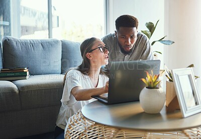 Buy stock photo Laptop, research collaboration and diversity students coworking on assignment project. Partnership, communication and teamwork cooperation of gen z friends, woman and black man on online study report