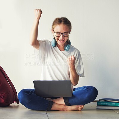 Buy stock photo Education, woman student with laptop and celebrate university exam results, college scholarship news and learning success. Smart girl, study on floor and fist pump school test report with happy smile