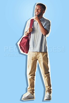 Buy stock photo Thinking, education and collage of happy student with idea, knowledge and choice for university advertising. Think, learning and body paper cut out of black man on blue studio mockup.

