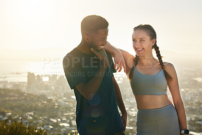Buy stock photo Fitness, hiking and interracial couple excited about training goal, motivation and support in nature with city. Workout, exercise and black man and woman with smile for morning cardio on the mountain