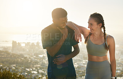Buy stock photo Fitness, happy and friends smile, exercise and relax after workout together with city background in Brazil. Couple, man and woman with happiness, cardio and training after outdoor run in urban town