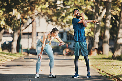 Buy stock photo Fitness, stretching and couple rest in park after running, exercise and workout together in city. Health, wellness and interracial couple and doing training, sports and check time for performance 