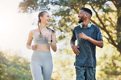 Buy stock photo Couple, training and outdoor for running for health, wellness and workout together. Man, woman and fitness in nature, for exercise and smile to relax, practice and workout for bonding and loving. 