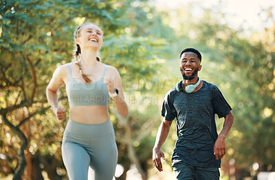 Buy stock photo Running, fitness and fun with a diversity couple outdoor in the park together for exercise or a workout. Health, training and laugh with a male and female runner bonding together in cardio sports