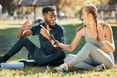 Buy stock photo Music, phone and earphone couple in park on fitness run break rap, singing and listen together. Streaming, tech and interracial people listening to feel good beats with mobile app to relax.