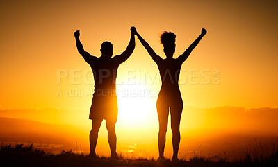 Buy stock photo Fitness, sunset or sport couple celebration sport motivation, running goal or workout achievement goal. Runner silhouette, winner or sports friends celebrating health success, training or exercise